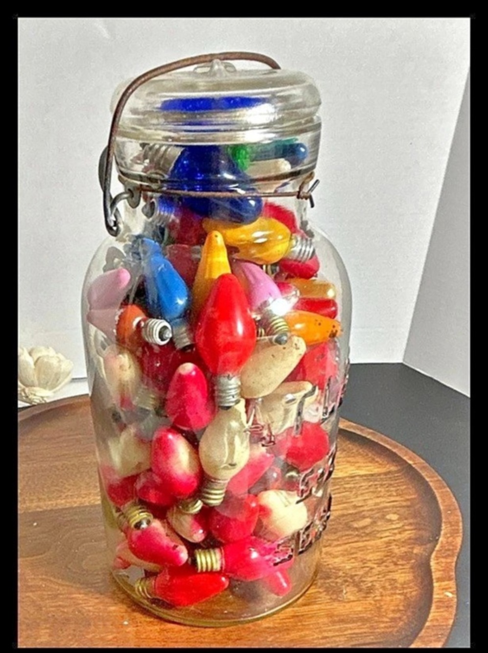 Vintage Atlas E-Z Seal Jar Filled with Old Christmas Light Bulbs